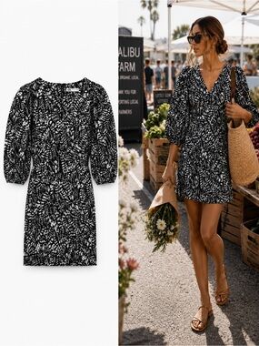 Zara Bloggers Favorite The Kacy Puff Sleeve Printed Mini Dress Medium
